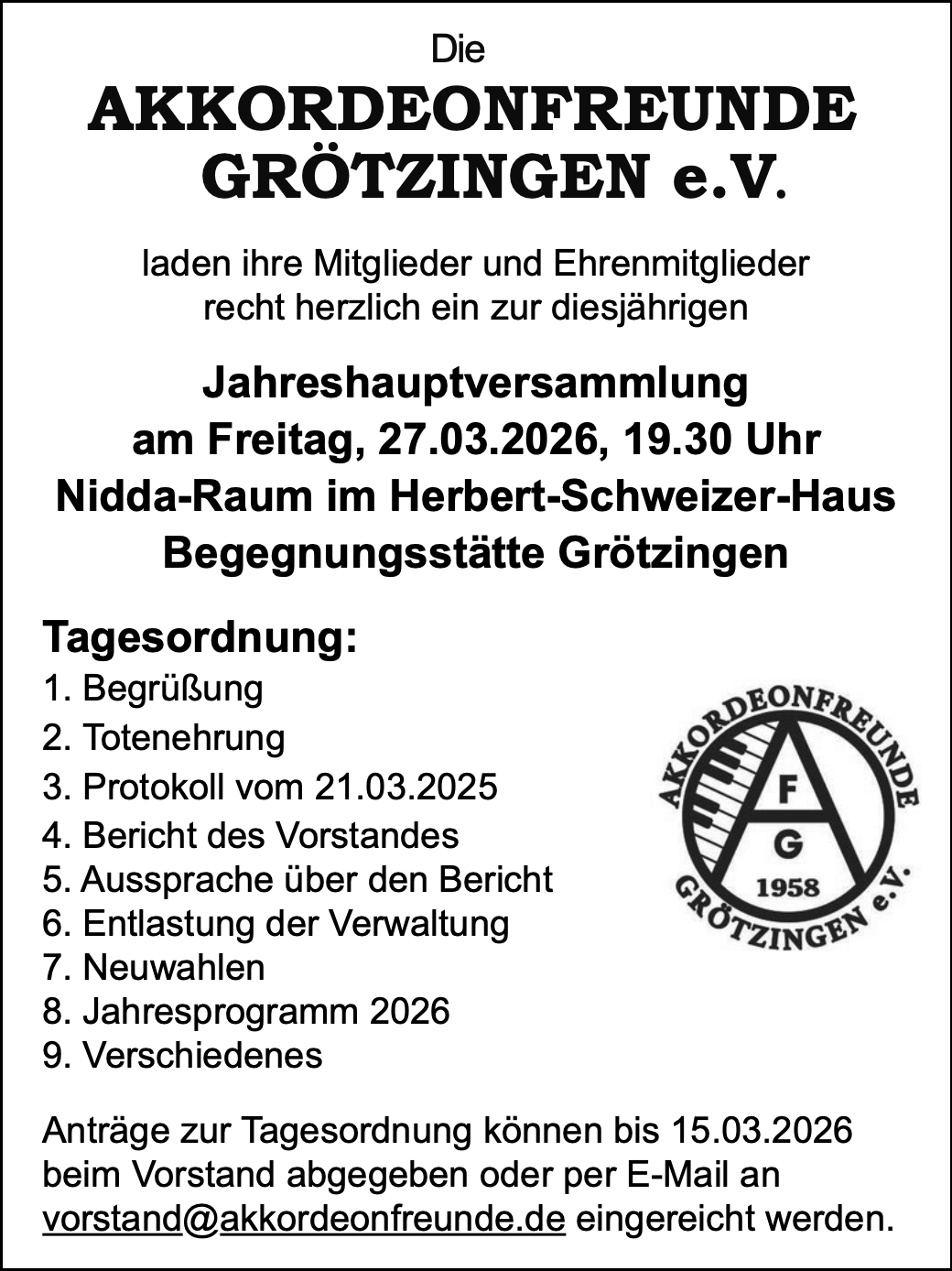 Jahreshauptversammlung am 27.3.26